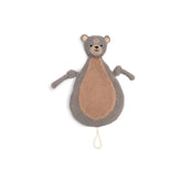Jollein pacifier cloth bear in soft, muted brown with grayish-blue stripe and small white string around its neck.
