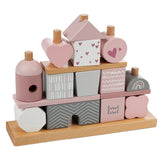 Label-Label Stacking Blocks House features a wooden base with colorful heart-shaped plastic components for sorting and stacki