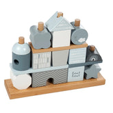 Label-Label Stacking Blocks House features colorful wooden and plastic components in various house shapes for sorting and sta