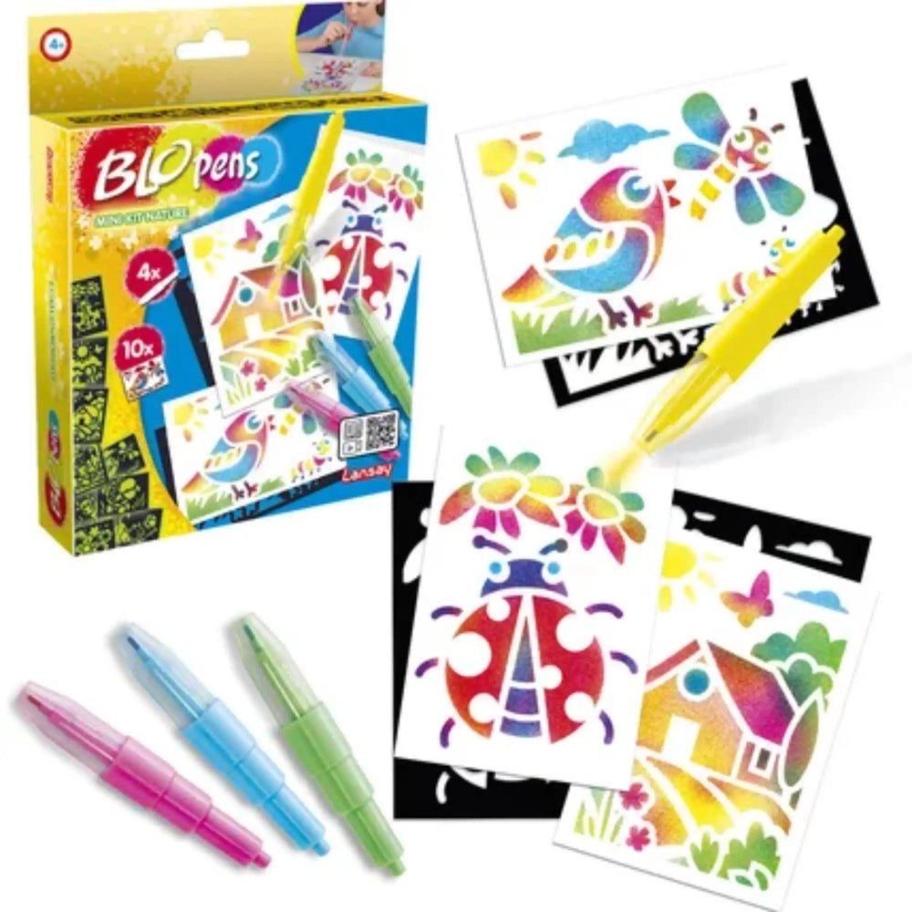 LANSAY Blopens Mini Kit Nature features colorful markers in a glossy yellow cardboard packaging with a transparent window.