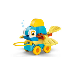 LEGO 3in1 Animals on Wheels features a playful yellow and blue toy vehicle with friendly facial features and vibrant colors.