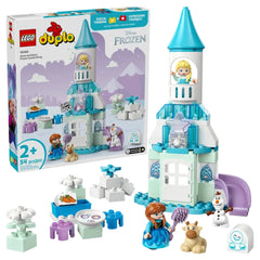 LEGO set featuring a blue and white castle with figures of a princess, prince, and snowman in a snowy scene.