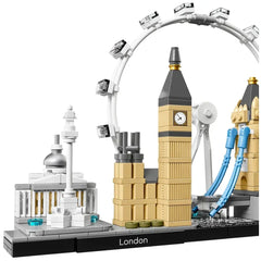 LEGO model of the London skyline featuring Big Ben, the Houses of Parliament, and the London Eye against a white background.