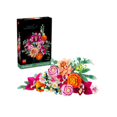 Vibrant LEGO® Botanicals Pretty Pink Flower Bouquet set featuring an array of buildable flowers in pink, orange, and white, with a decorative box behind.