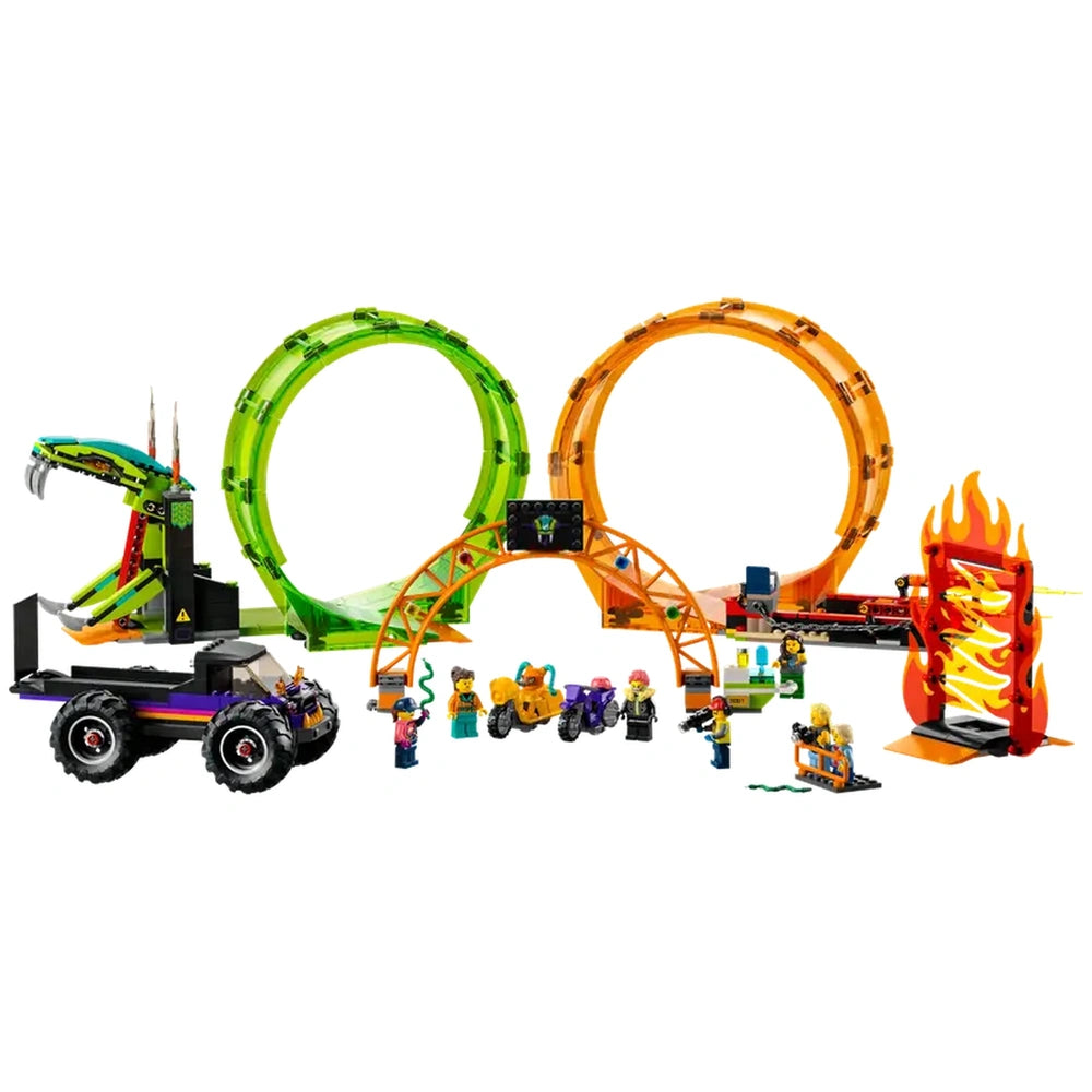 LEGO City Double Loop Stunt Arena featuring two vibrant loops, a monster truck, stunt bikes, and seven minifigures preparing for action.