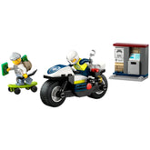 Police motorcycle with a rider in a helmet, chasing a skateboarder holding stolen money, next to a wanted poster.