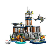 LEGO® City Police Prison Island construction set features a detailed cliffside prison with a control room, break room, and escape hatch. Minifigures include police officers and prisoners, with scenes of action as a helicopter flies above.
