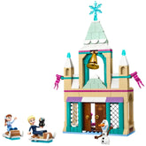LEGO Disney Frozen Arendelle Castle set featuring a colorful building with a bell, alongside mini-dolls of Elsa and Anna, and Olaf the snowman.