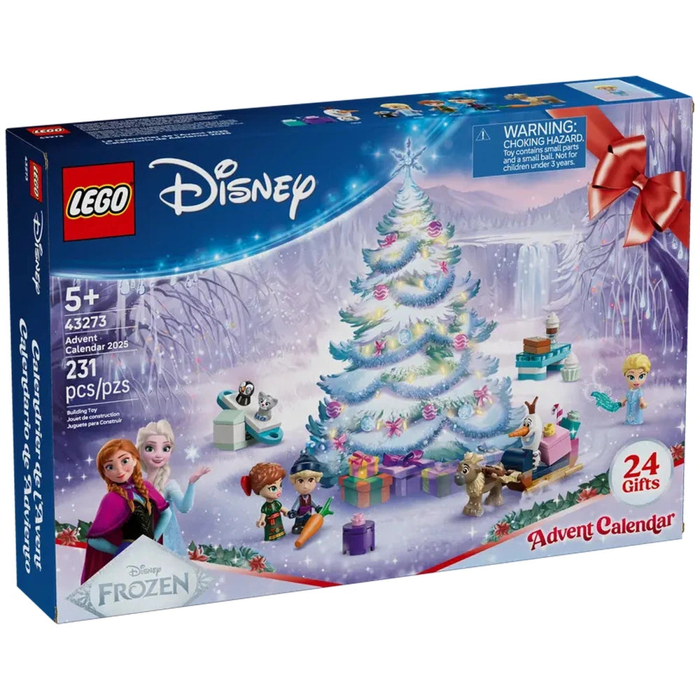 LEGO Disney Frozen Advent Calendar 2025 featuring festive characters around a decorated Christmas tree and colorful gifts.