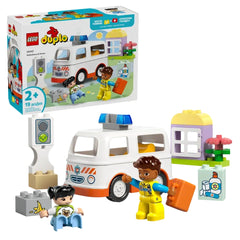LEGO® DUPLO® Ambulance & Driver construction set featuring a colorful ambulance, two figures, a traffic light, and playful accessories, perfect for imaginative play.