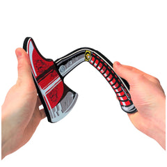 Liontouch firefighter hatchet in red and black, featuring a glossy finish, handle, ridges, and "Rockout" logo.