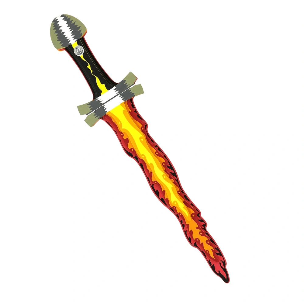 Liontouch Flame Sword features a metallic alloy hilt and a reflective blade with a yellow tip and red flame pattern.