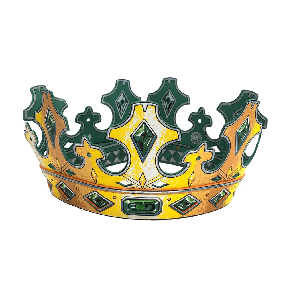 Liontouch Kingmaker Crown with glossy green and yellow textured design, featuring a band and triangular accents.