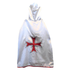 Silver Maltese cape with red and black cross, featuring a hood and hem, designed for pretend play as a Maltese knight.