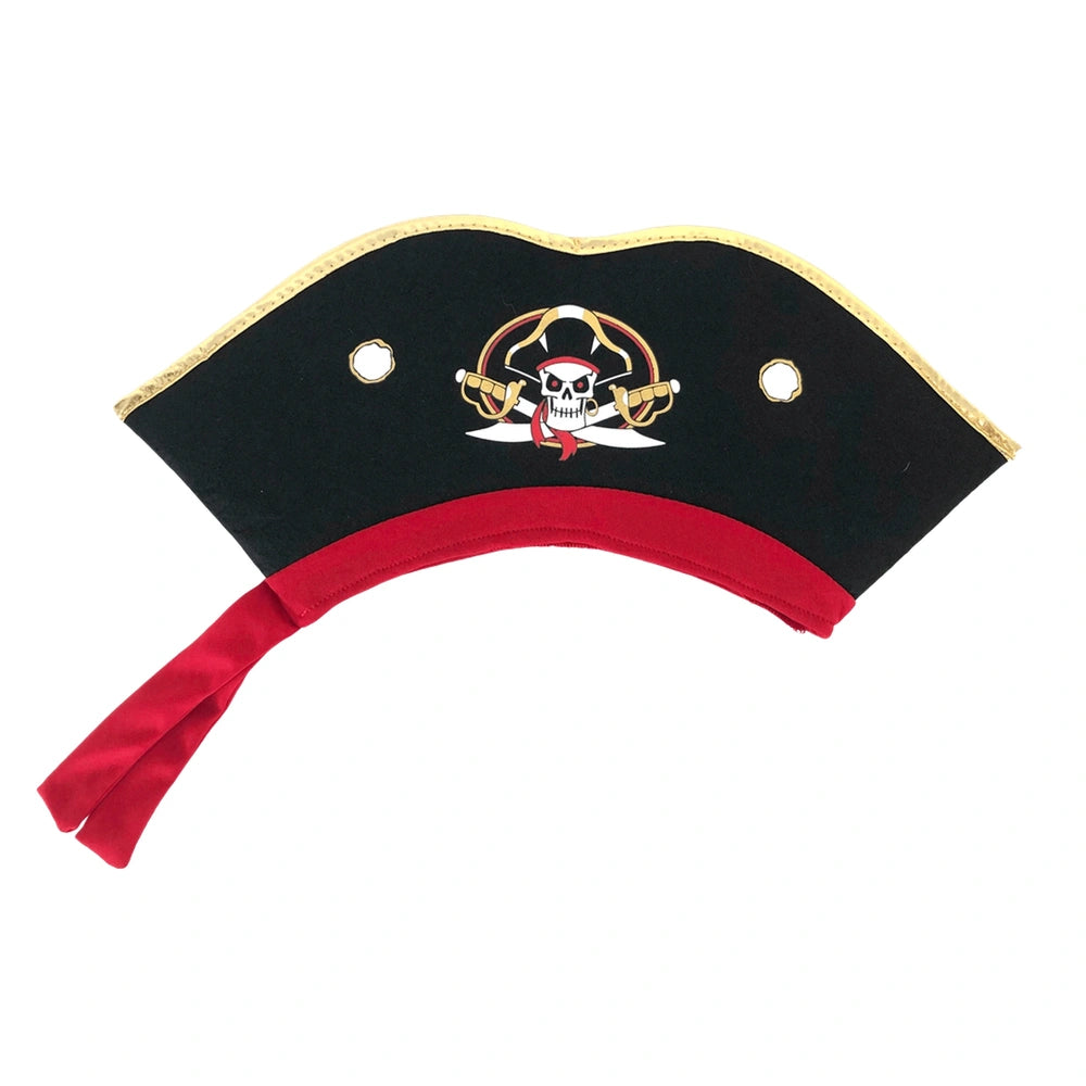 Black pirate hat with red trim and bow, featuring a skull and crossbones emblem, displayed on a white background.