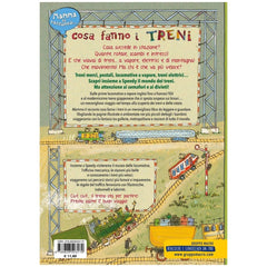 MACRO JUNIOR book cover features colorful text on matte paper, depicting a train with various signs including "Treni" and "Co