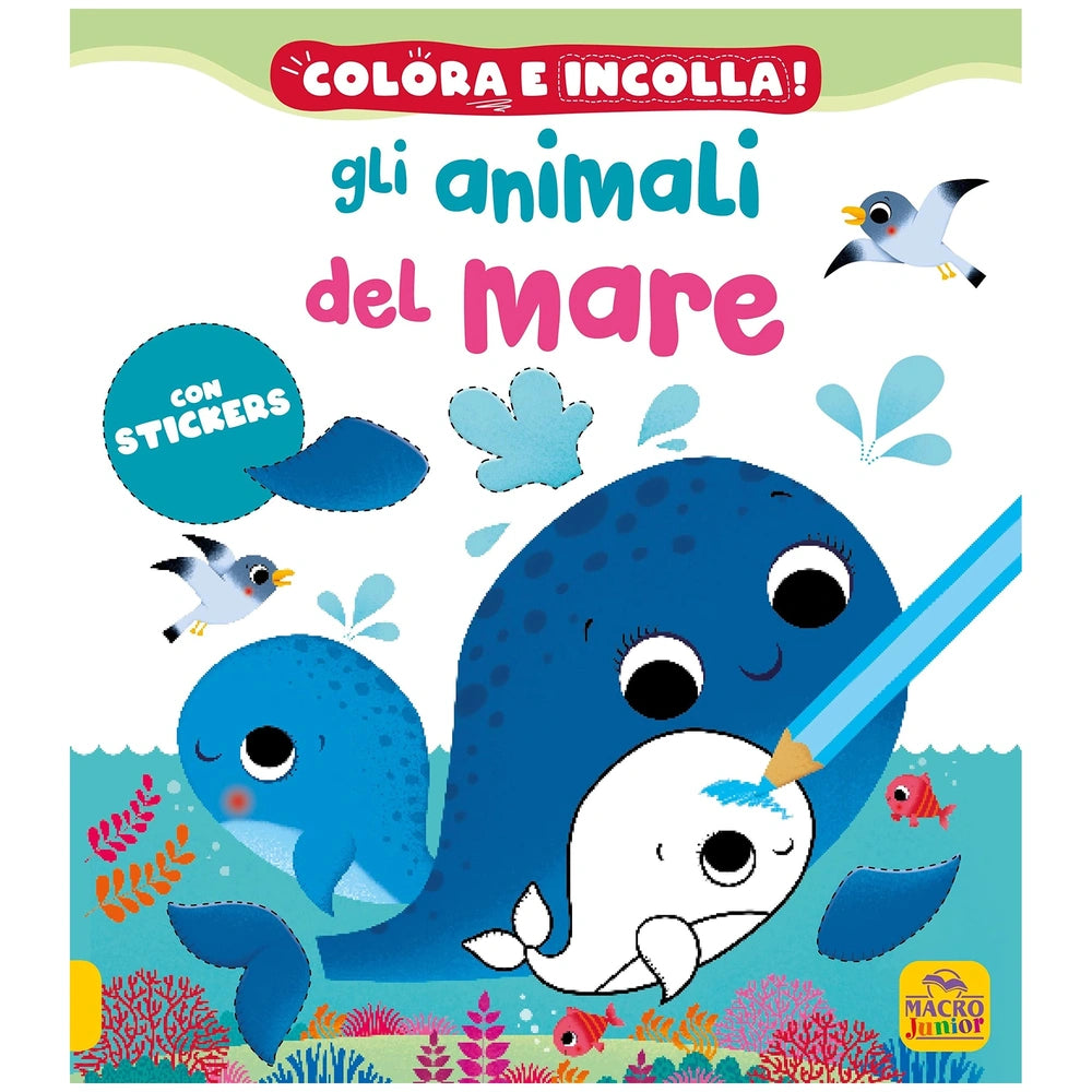 MACRO JUNIOR Sea Animals Colouring Book featuring colorful sea creatures and birds on a white background with vibrant text.
