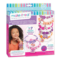 DIY Fashion Beaded Bangle Bracelets in colorful packaging, featuring a smiling girl in a pink top amidst vibrant striped back