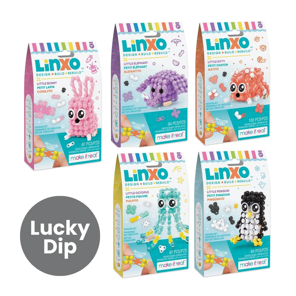 LINXO Character Arts & Crafts kit in matte cardboard packaging with glossy plastic window, featuring colorful boxes and text.