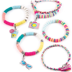 Summer Vibes Heishi Bead Set features three colorful stretchy bracelets with metallic charms and matching tassels.