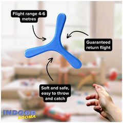 Mandelli Indoor Booma Junior sports toy in blue plastic, designed for safe indoor play with a flight range of 4-6 meters.
