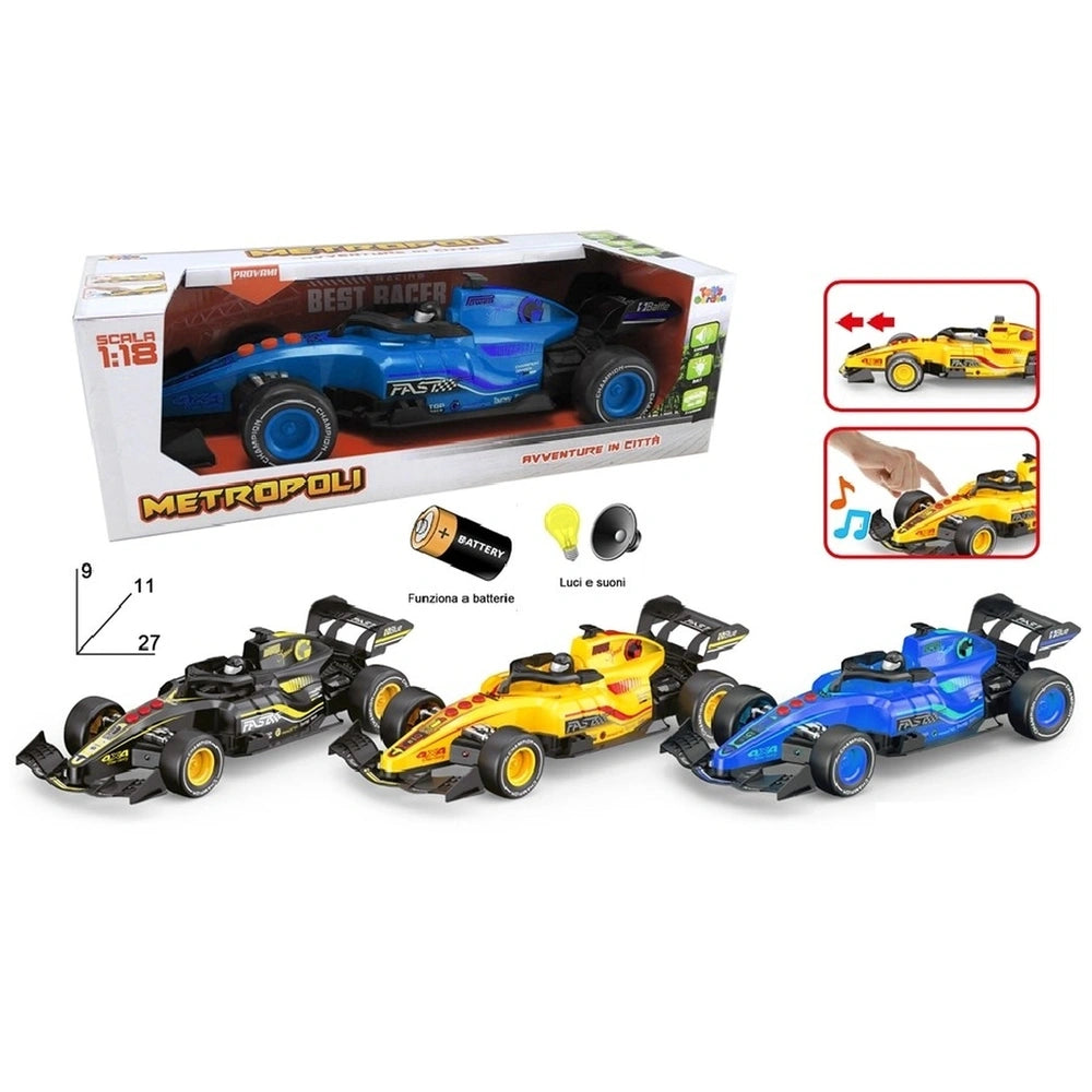 Metropoli toy racing set featuring yellow, blue, and black cars lined up on a white surface with a branded toy box behind.