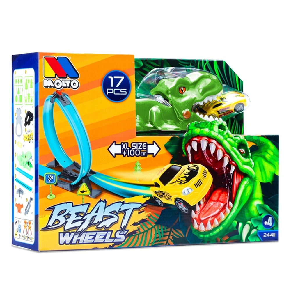 Molto Beast Wheels Dino toy race car and track set packaging features a yellow car, green dinosaur, and vibrant orange backgr