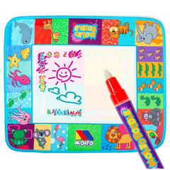 Molto Big Doodle Playmat features a colorful plastic tray with animals, clouds, and playful text on a blue background.