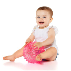 Molto Playsense Sensory Ball in pink, centered with a baby interacting, showcasing its vibrant design for baby activity.