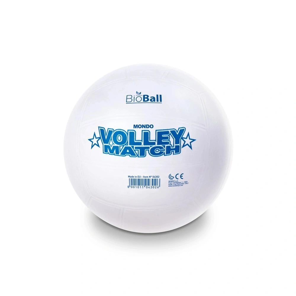 Mondo Beach Volleyball Match, white spherical ball with "VOLLEY MATCH" text, BIOBALL logo, textured surface, and barcode.