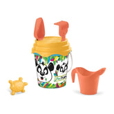 Mondo Fantasy Bucket Set features a yellow cup with "Pa Pan" text, orange lid, brush, and watering can, all made of plastic.