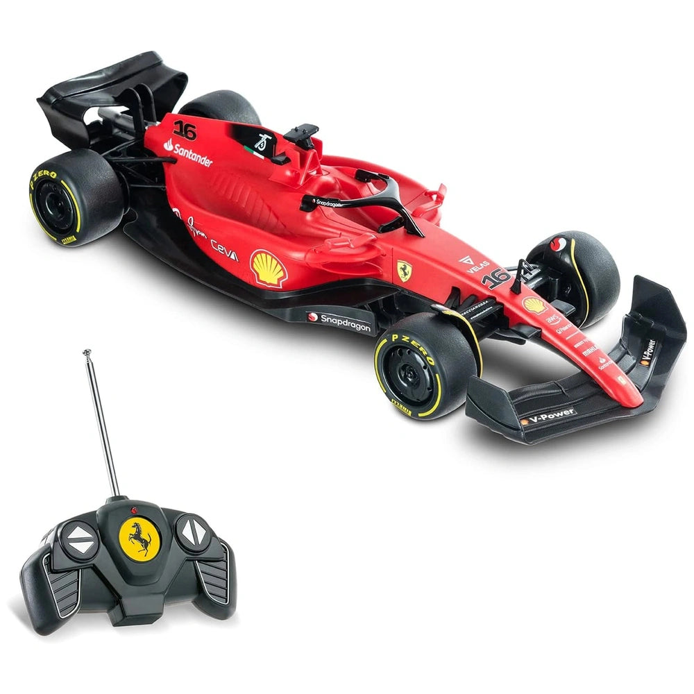 Mondo Ferrari F1 75 radio-controlled car in red with black accents, featuring logos and a black antenna on the roof.