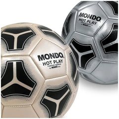 Mondo soccer ball features a black and white patterned surface with "MONDO HOT PLAY" and a stylized "M" logo.