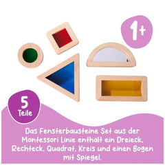 Montessori Window Building Blocks Set featuring colorful wooden shapes including triangle, square, circle, rectangle, and fra