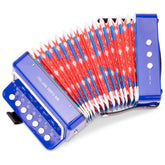 Blue and white plastic accordion with red and white pins, showcasing a colorful design for musical play.
