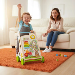 New Classic Toys Activity Walker features a colorful design with shapes and numbers, as a smiling child waves while standing