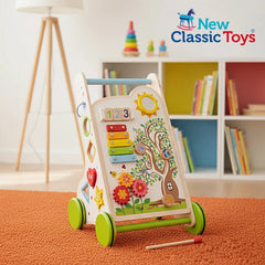 Activity Walker by New Classic Toys features a colorful design with flowers, numbers, and a white base, complemented by a woo