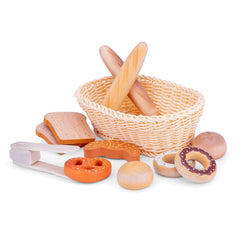 Wooden bread basket set with loaf, rolling pin, cutting board, knife, spoon, spatula, and various dough tools for role play.