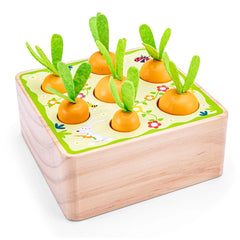 Carrot Picking Game features five orange carrots and five green leafy vegetables in a wooden box with a patterned surface.