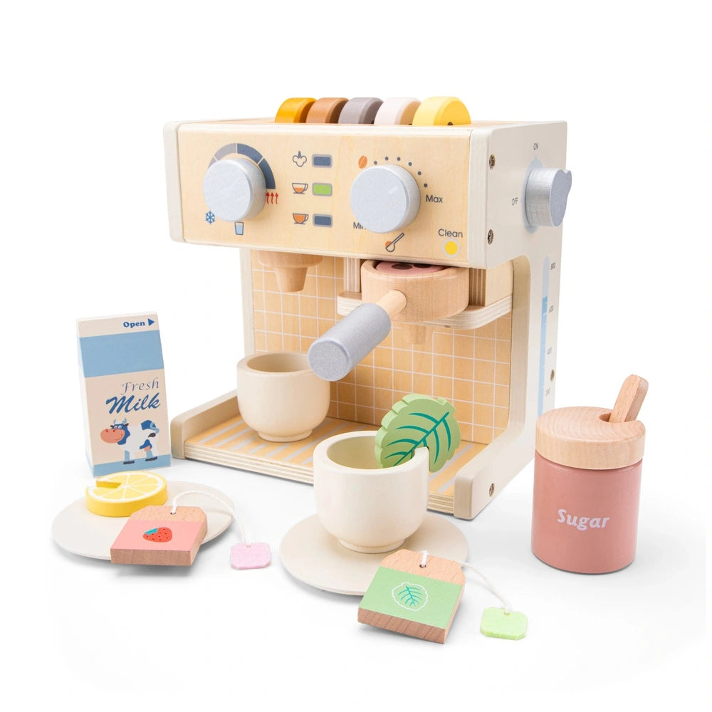 New Classic Toys coffee machine made of wood with plastic components, featuring a matte finish and various utensils for role