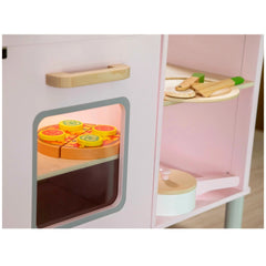 New Classic Toys pizza vegetable cuttingset features a wooden cabinet door with plastic containers and colorful lids.