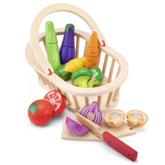 New Classic Toys vegetable basket set with wooden basket, plastic vegetables, and wooden knife in vibrant colors.