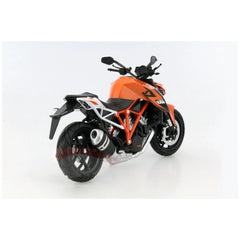 KTM 1290 Superduke R die-cast motorcycle model in orange, black, silver, and white with detailed components and features.