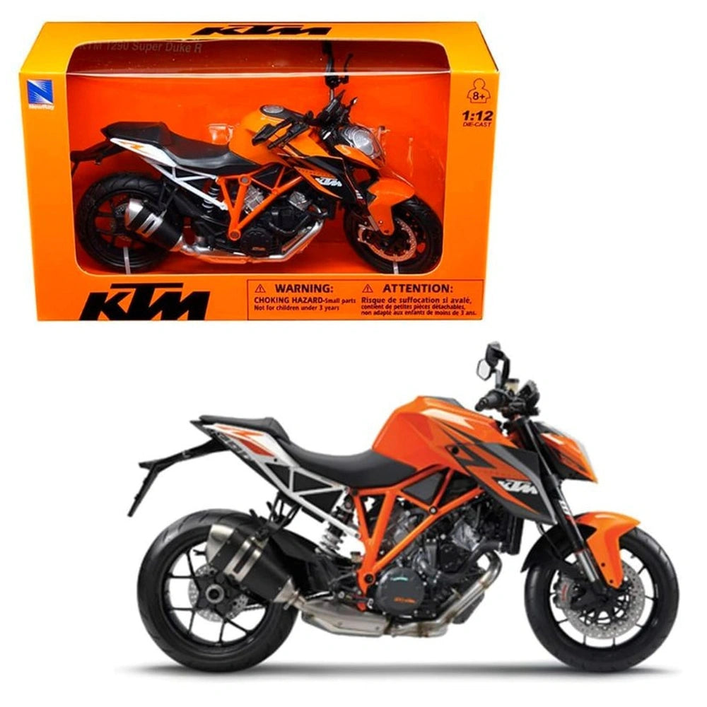 KTM 1290 Superduke R die cast motorcycle in orange and black displayed in an orange cardboard box with plastic window.