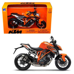 KTM 1290 Superduke R die cast motorcycle in orange and black displayed in an orange cardboard box with plastic window.