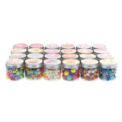 Beads ABC Candy Beads Jar features six transparent containers filled with colorful candy-like beads and shiny metallic lids.
