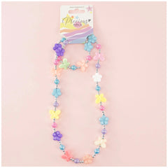 Butterflies necklace and bracelet set in colorful packaging with flower-shaped beads and a star-tagged design on a light pink