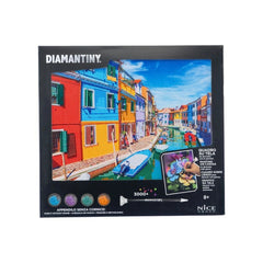 Diamantiny Level Up painting kit on matte cardboard, featuring a colorful town scene, with white and yellow printed text.