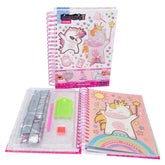 NICE Diamantiny Coloring Book features a plastic cover, spiral binding, and colorful unicorn and sun designs on printed paper