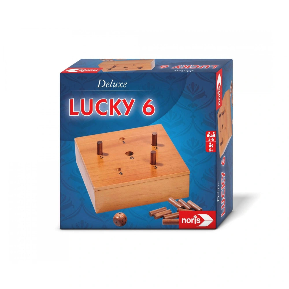 Noris Deluxe Lucky 6 board game box featuring a colorful design and wooden game board with pegs for gameplay.